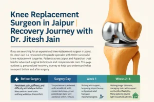 3D model of a human knee joint with artificial implant used in knee replacement surgery in Jaipur, shown alongside recovery timeline milestones.