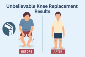 Before and after illustration of robotic knee replacement results showing correction of bowed legs to straight legs, Dr Jitesh Jain Jaipur