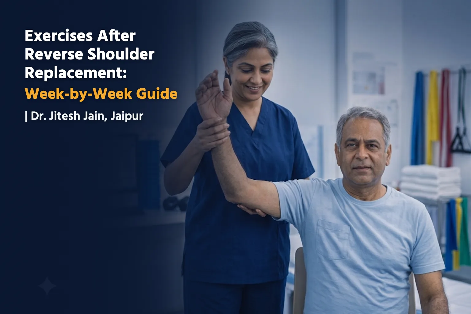 Exercises after reverse shoulder replacement: physiotherapist helping a patient lift his arm